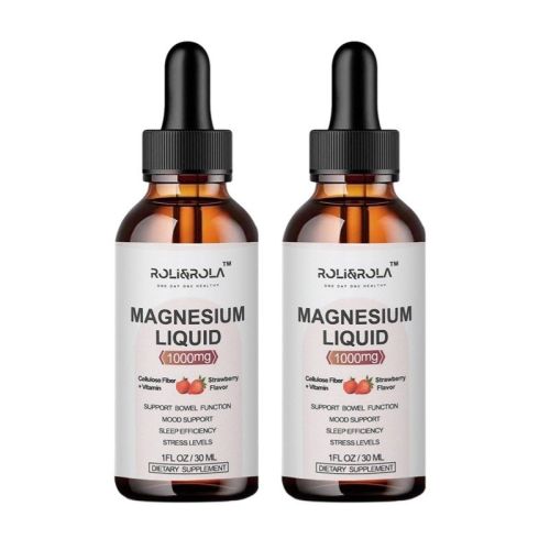 Magnesium Glycinate Liquid Drops - ROLI&ROLA With Cellulose Fiber, Vitamins B6, C, D, Zinc At Night, Digestive Health, Strawberry Flavour 30mlX2
